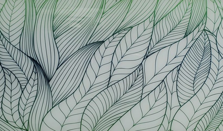 The aquamarine leaves pattern graphic glass as part of the Archetype Glass January 2022 QSP