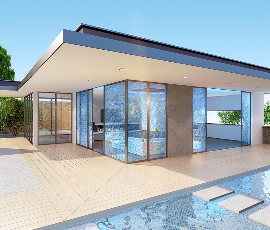 A rendering of Archetype Glass' new custom laminated fabric glass featuring custom folded and pleated fabrics from Spatial Element