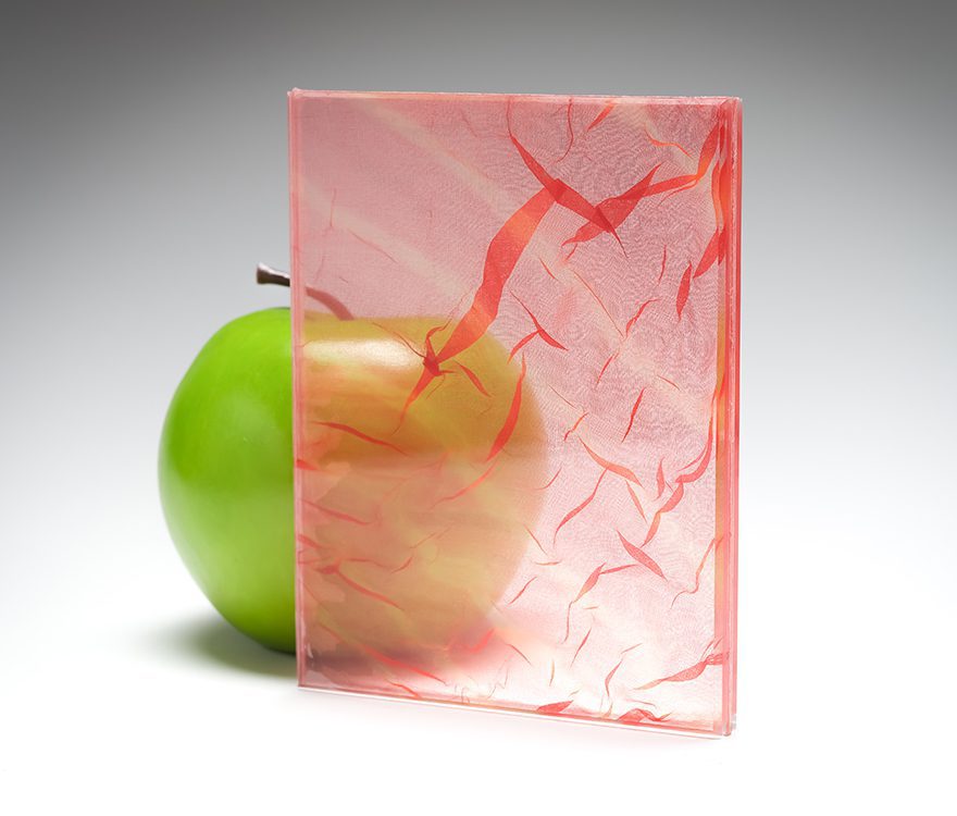 A red transparent sample of the new custom fabric glass in coordination with Spatial Element.