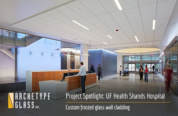 Custom frosted glass and graphic glass wall cladding and light box at the UF Shands Hospital, created by Archetype Glass